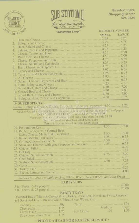 Sub Station II - Beaufort, SC menu_pic