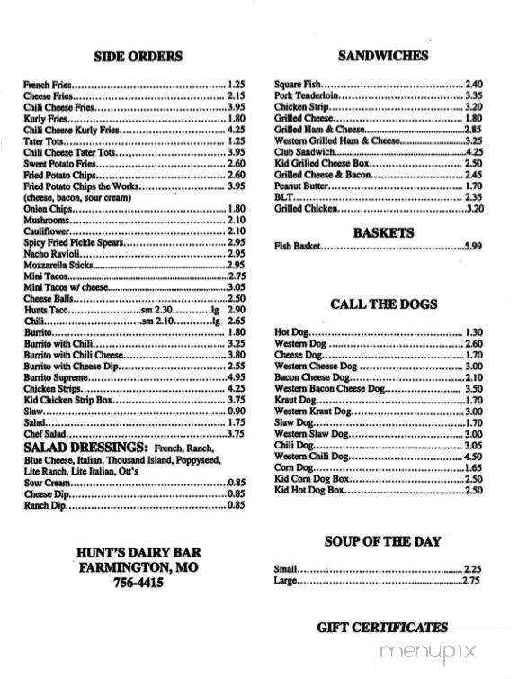 Hunt's Dairy Bar - Farmington, MO menu_pic