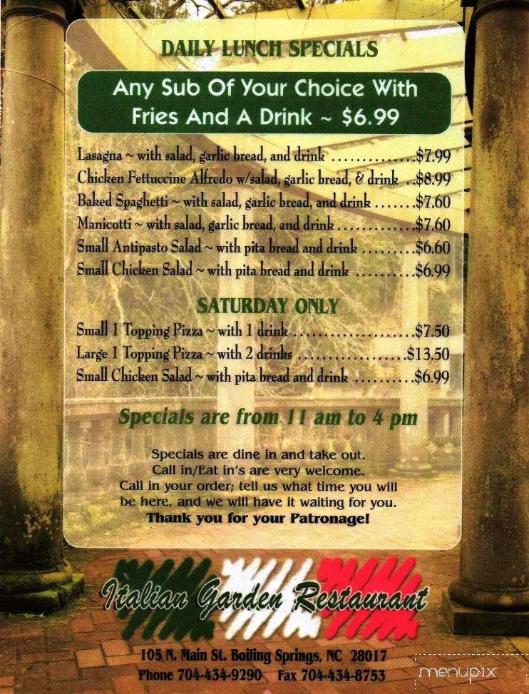 Italian Garden - Boiling Springs, NC menu_pic