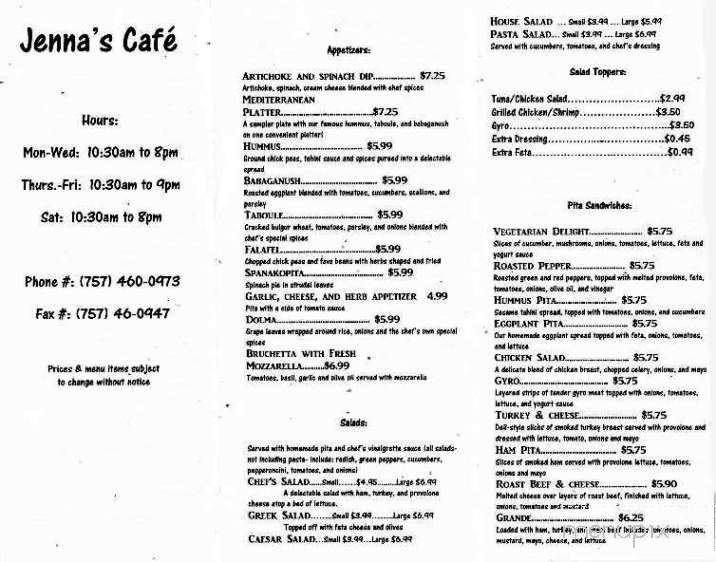 Jenna's Cafe - Virginia Beach, VA menu_pic