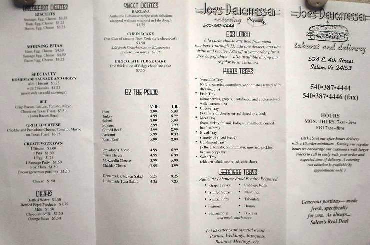 Joe's Deli - Salem, VA menu_pic