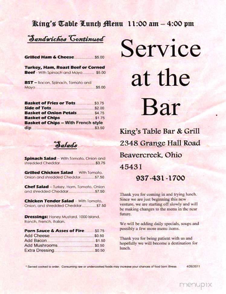 King's Table - Beavercreek, OH menu_pic