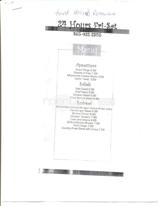 Aunt Helma's Restaurant - Knoxville, TN menu_pic