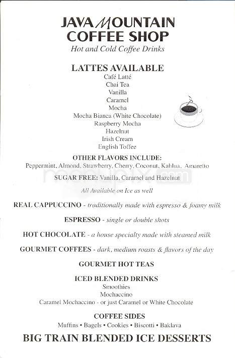 Java Mountain Coffee House - Gatlinburg, TN menu_pic