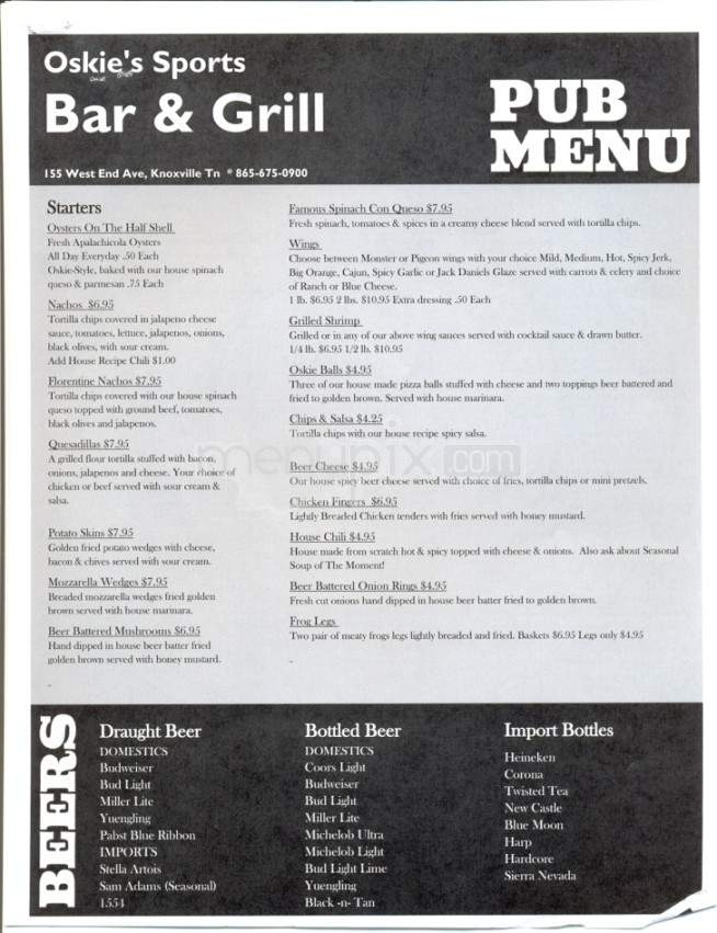 Oskie's Sports Bar and Grill - Knoxville, TN menu_pic