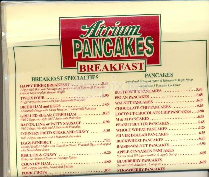 Menu of Atrium Pancakes Restaurant in Gatlinburg, TN 37738