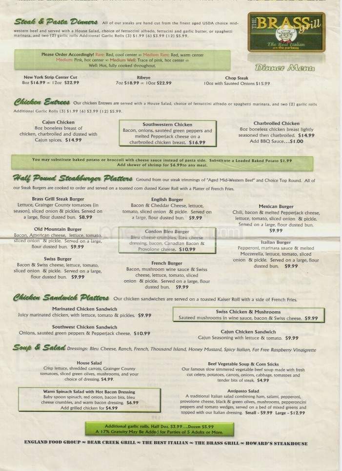 Brass Grill Restaurant - Gatlinburg, TN menu_pic
