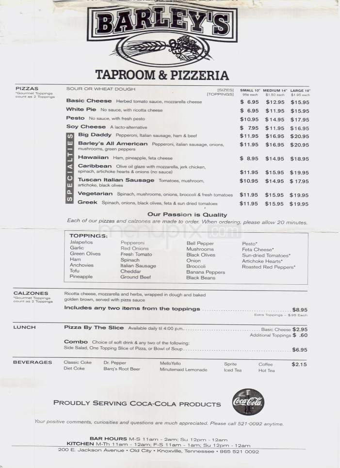 Barley's Taproom & Pizzeria - Knoxville, TN menu_pic