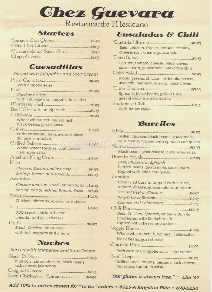 Chez Guevara Restaurant - Knoxville, TN menu_pic