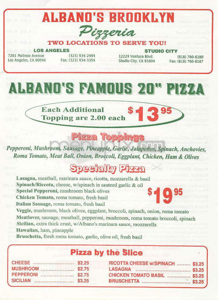 Albano's Brooklyn Pizzaria - West Hollywood, CA menu_pic