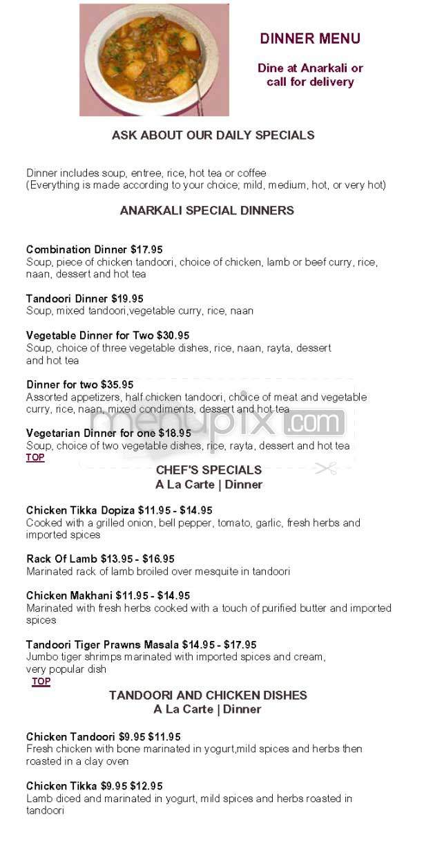 Anarkali Indian Restaurant - Los Angeles, CA menu_pic