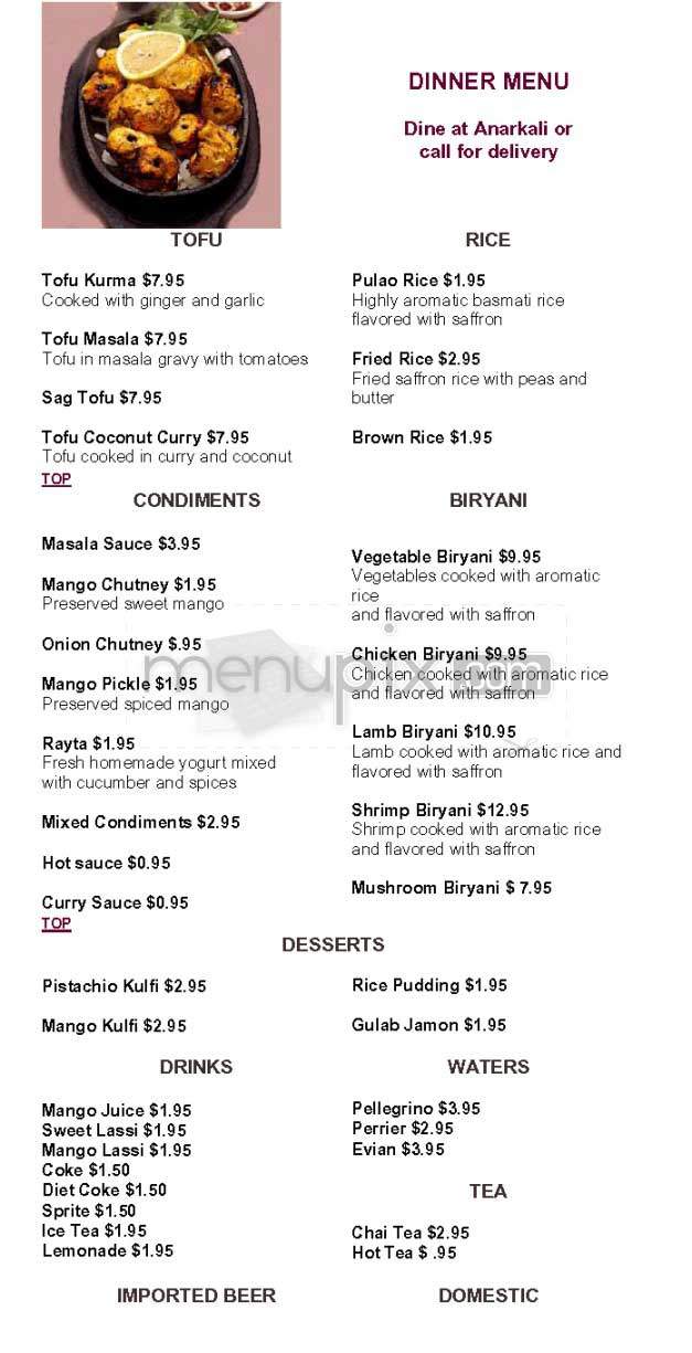 Anarkali Indian Restaurant - Los Angeles, CA menu_pic