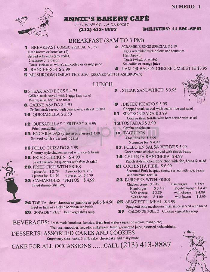 Annie's Bakery Cafe - Los Angeles, CA menu_pic