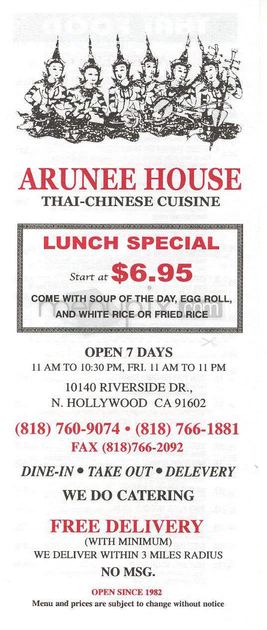 Arunee House - Toluca Lake, CA menu_pic