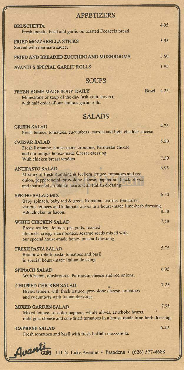 Avanti Cafe - Pasadena, CA menu_pic
