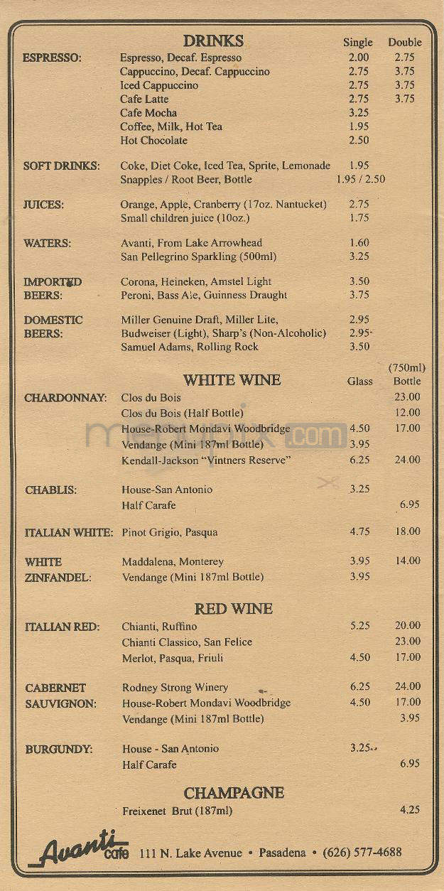 Avanti Cafe - Pasadena, CA menu_pic