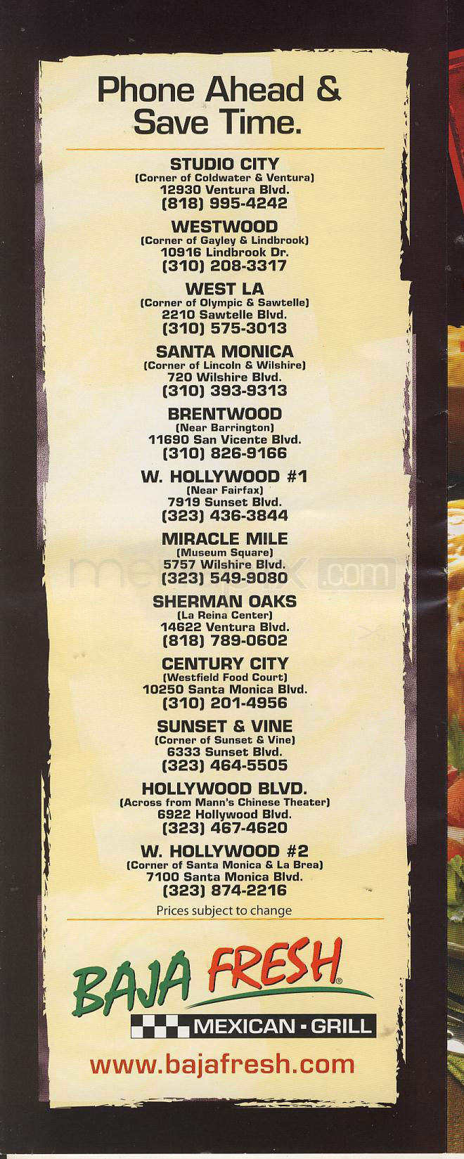Baja Fresh Mexican Grill - West Hollywood, CA menu_pic
