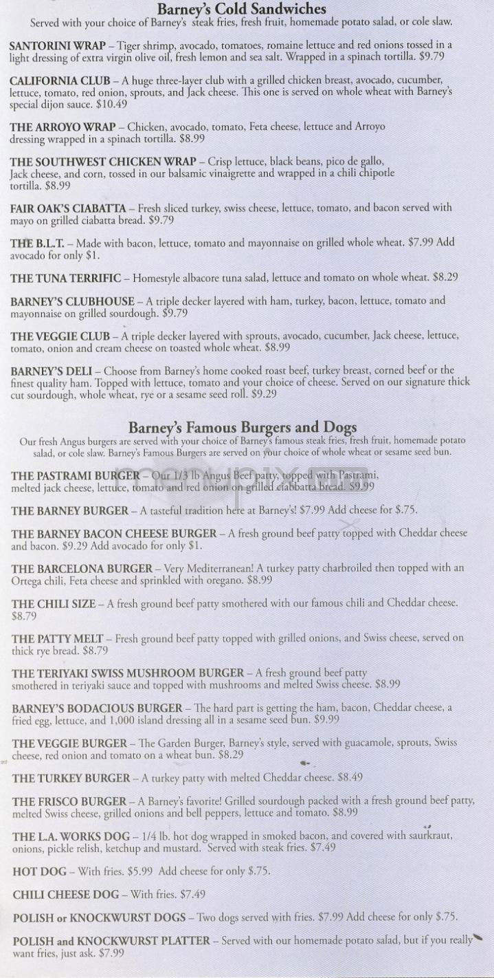 Barneys Limited - Pasadena, CA menu_pic