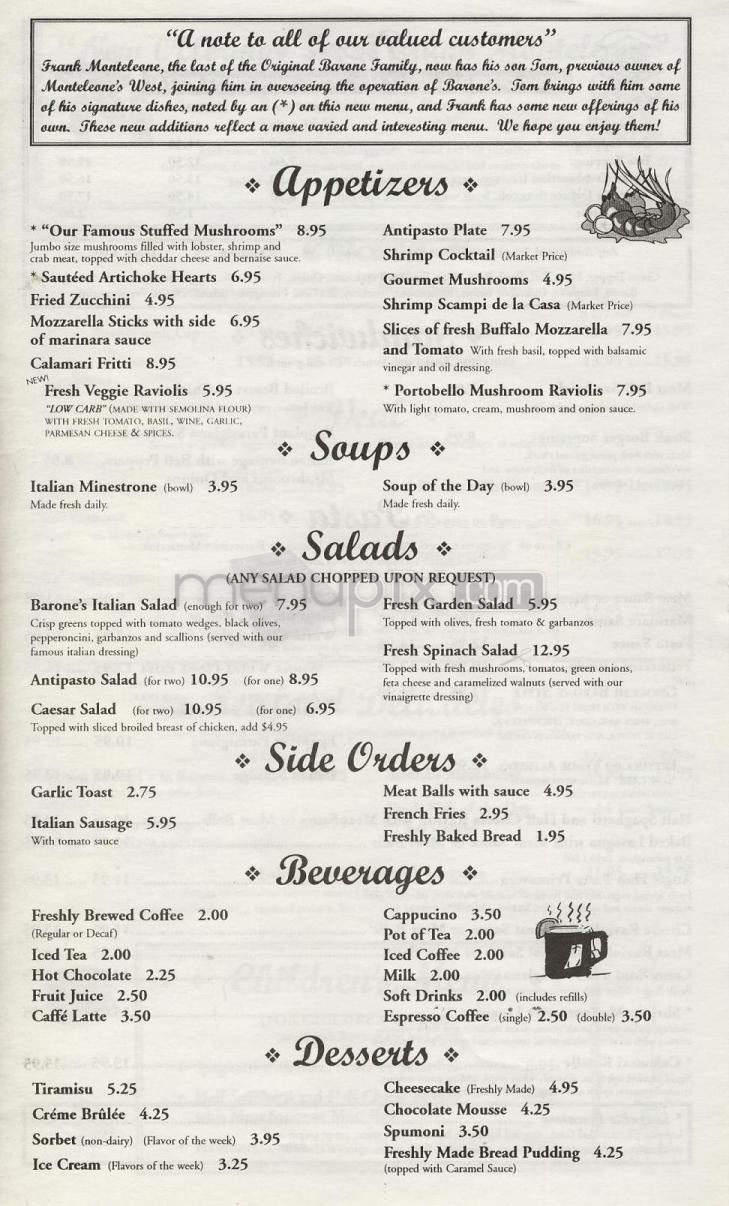Barone's Famous Italian Restaurant - Sherman Oaks, CA menu_pic