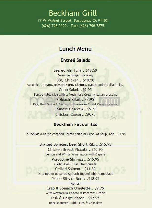 Beckham Grill Restaurant - Pasadena, CA menu_pic