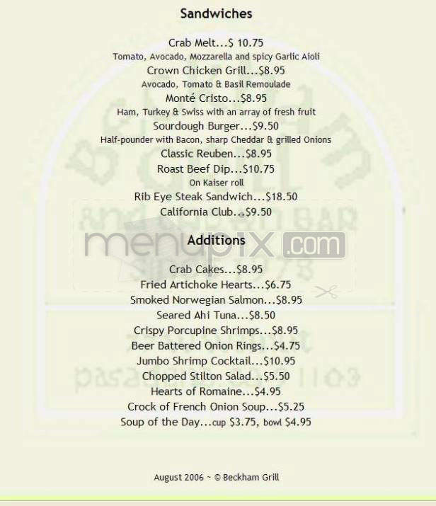 Beckham Grill Restaurant - Pasadena, CA menu_pic