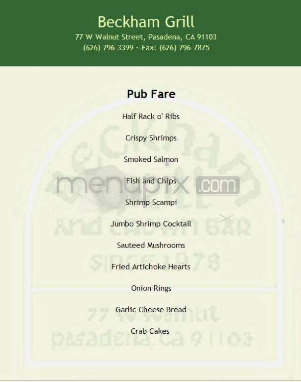 Beckham Grill Restaurant - Pasadena, CA menu_pic