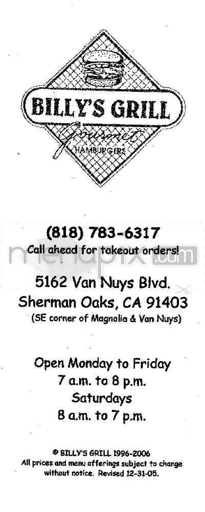 Billy's Grill - Sherman Oaks, CA menu_pic