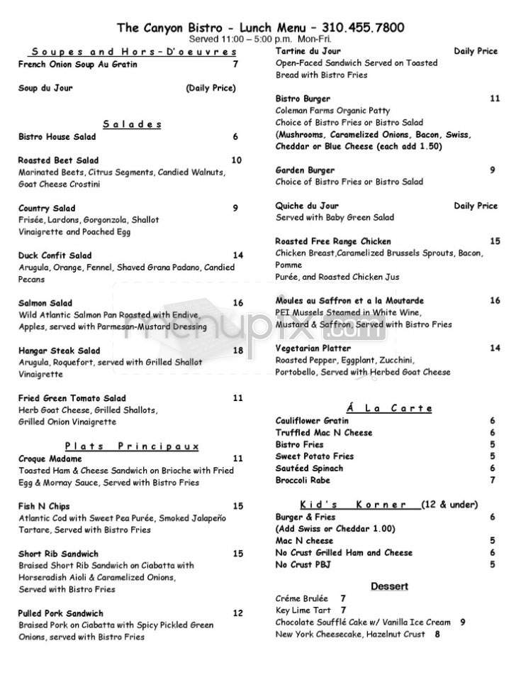 The Canyon Bistro in Topanga - Topanga, CA menu_pic