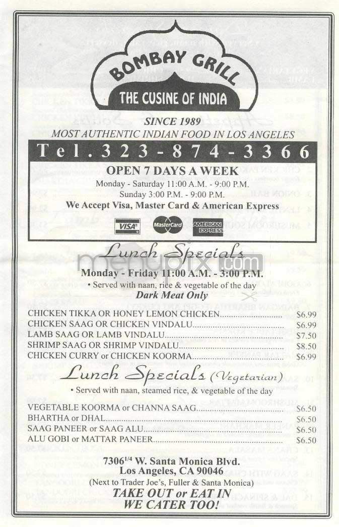 Bombay Grill - West Hollywood, CA menu_pic