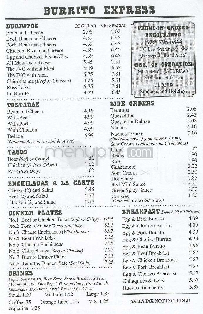 Burrito Express - Pasadena, CA menu_pic
