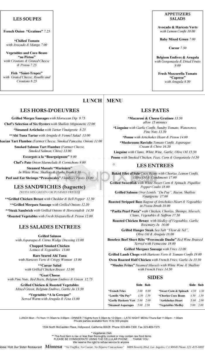 Cafe Des Artistes - Los Angeles, CA menu_pic