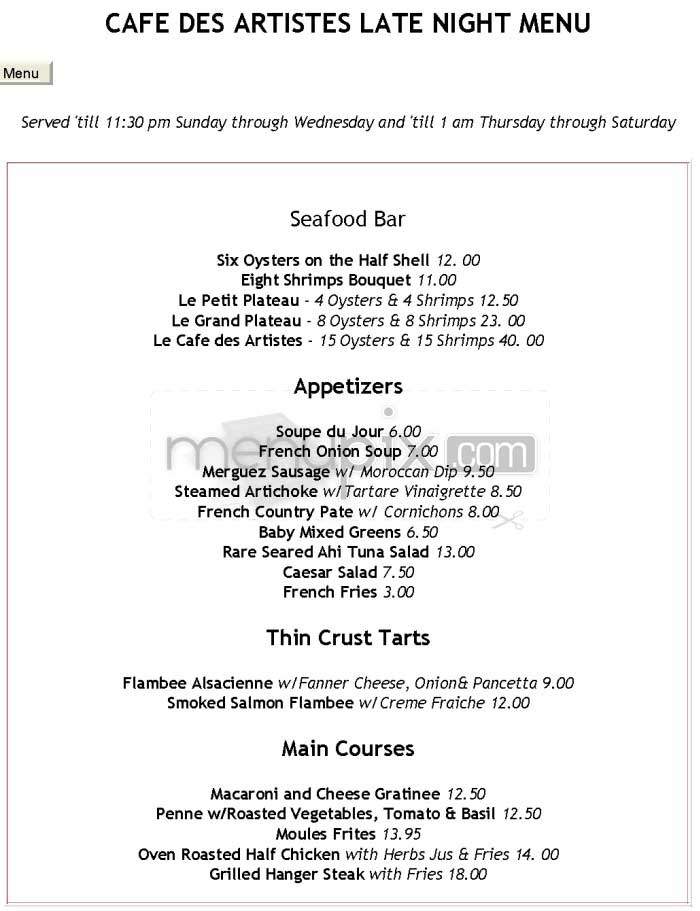 Cafe Des Artistes - Los Angeles, CA menu_pic