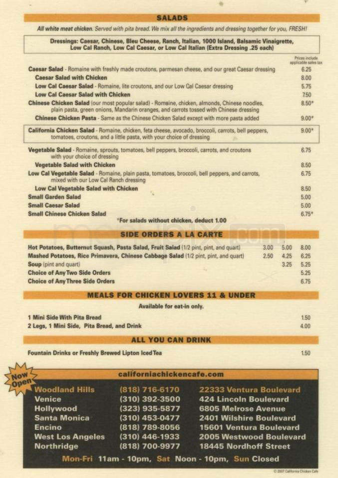California Chicken Cafe - Los Angeles, CA menu_pic