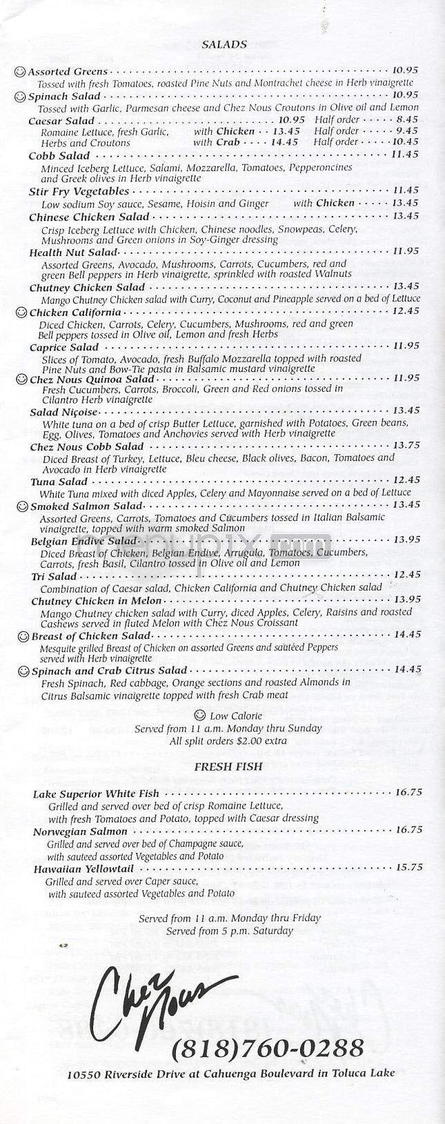 Chez Nous Restaurant - Toluca Lake, CA menu_pic