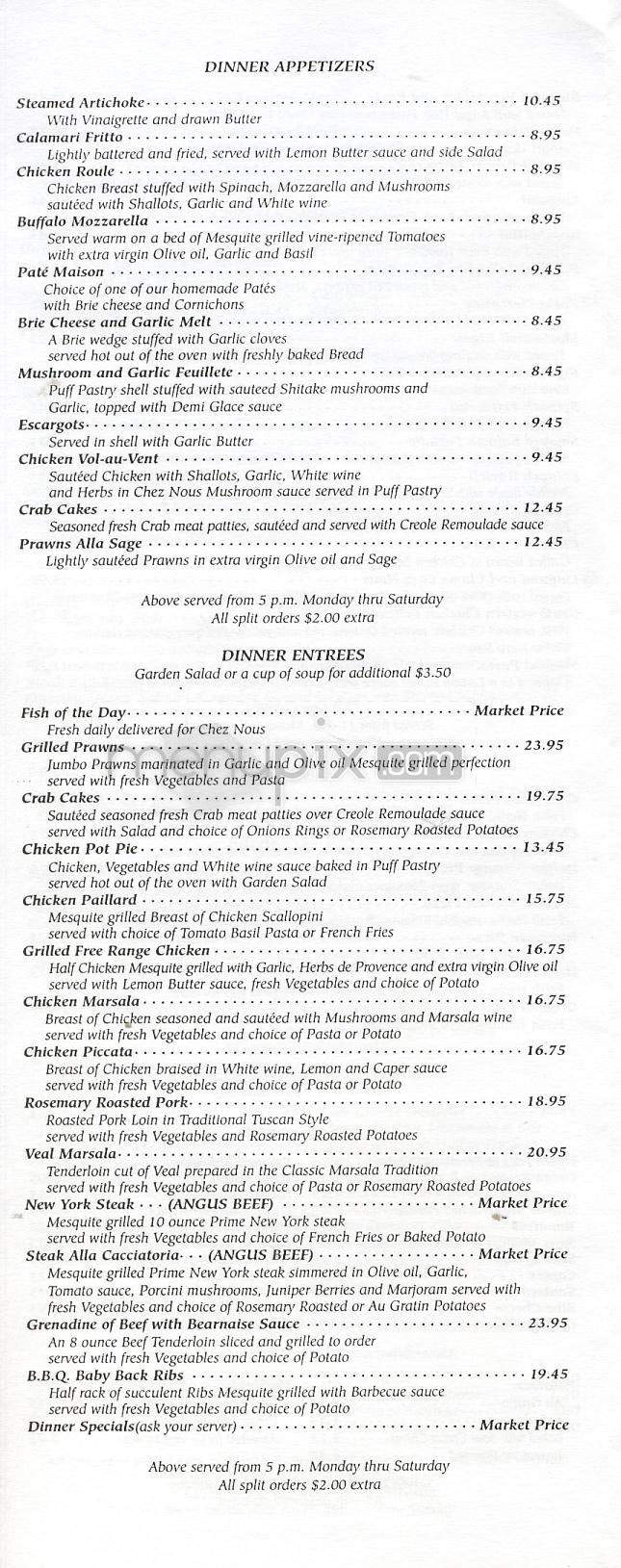 Chez Nous Restaurant - Toluca Lake, CA menu_pic