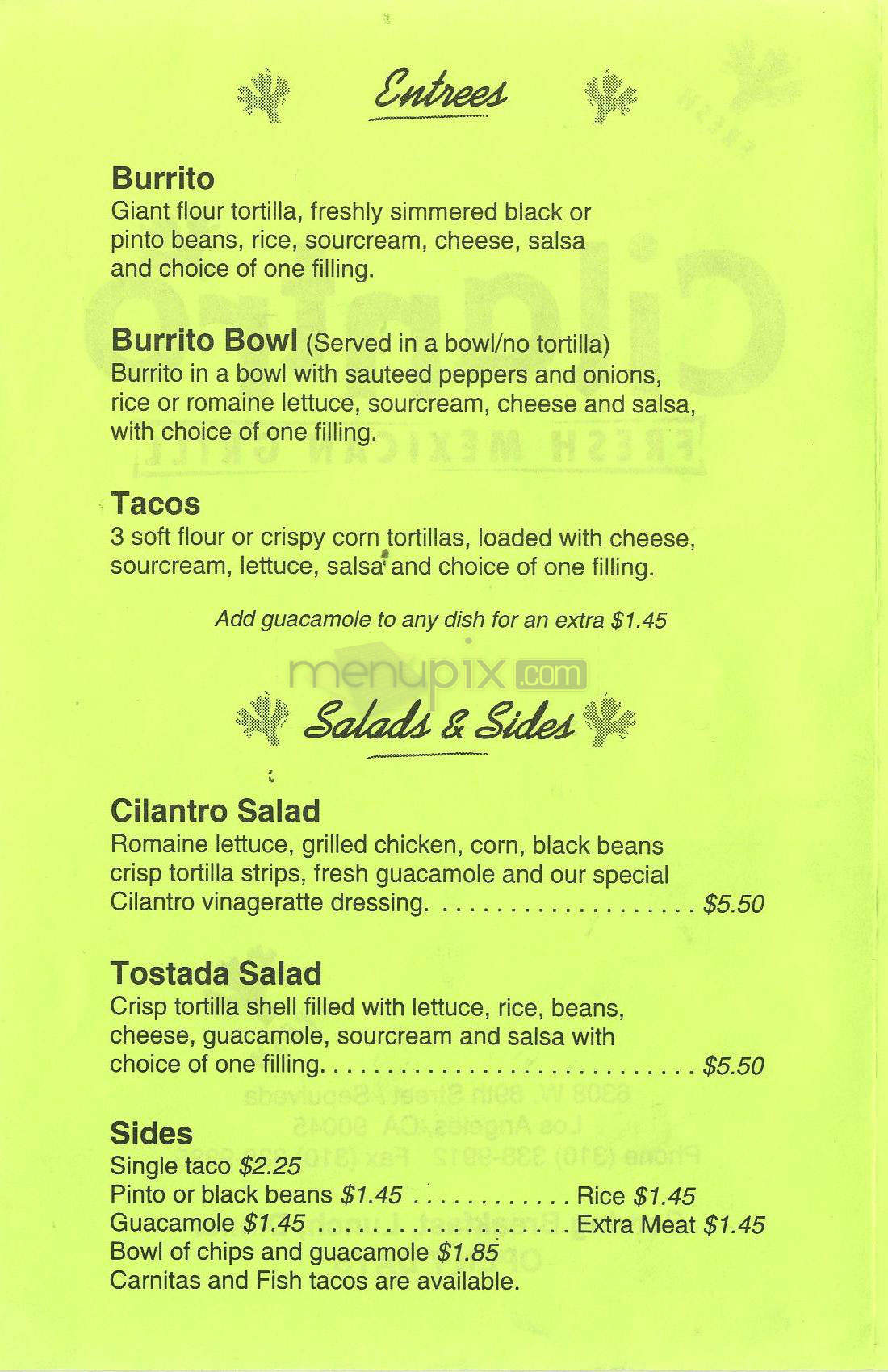 Cilantro Fresh Mexican Grill - Los Angeles, CA menu_pic