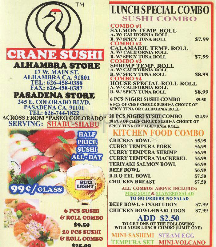 Crane Sushi - Pasadena, CA menu_pic