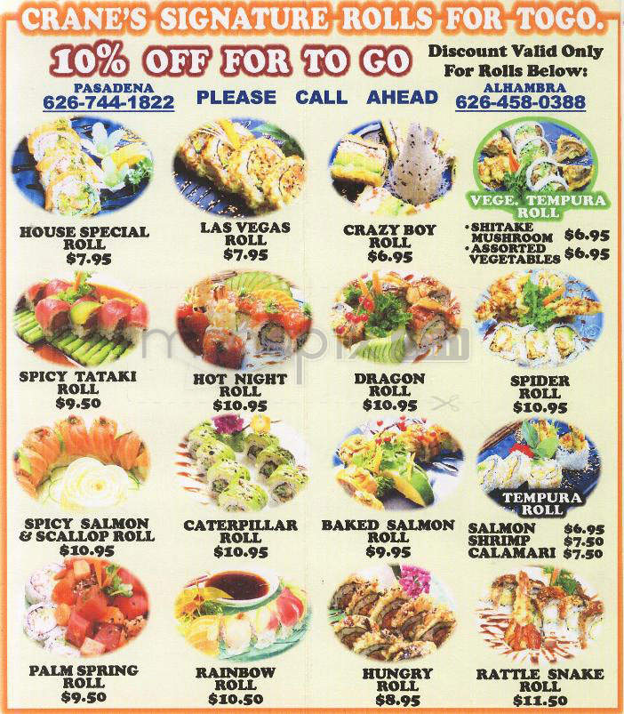Crane Sushi - Pasadena, CA menu_pic