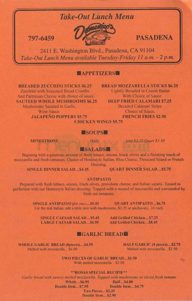 Domenico's Italian Restaurant - Pasadena, CA menu_pic