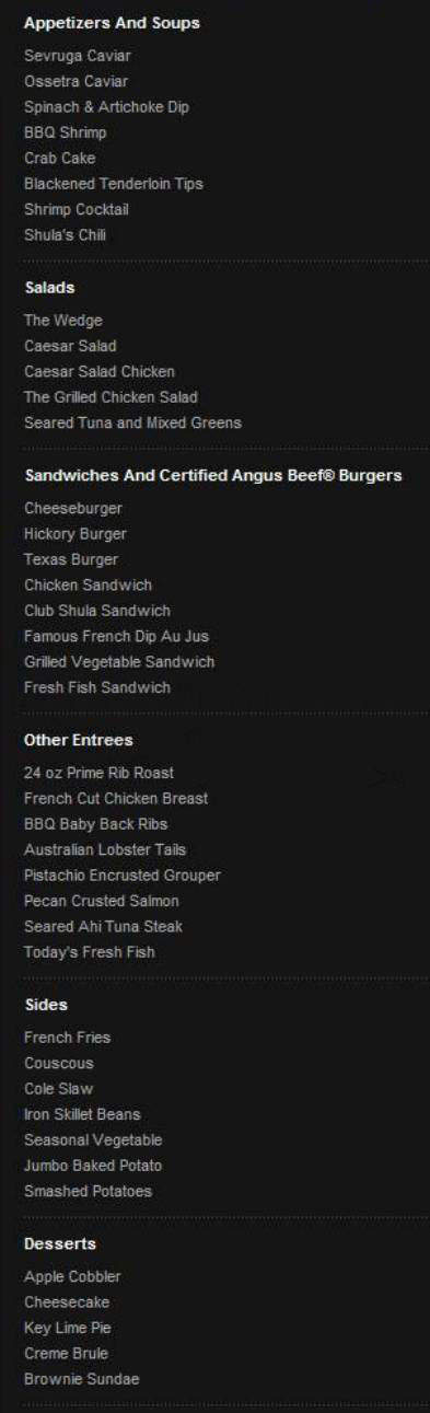 Shula's 347 - Los Angeles, CA menu_pic