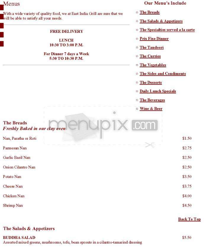 East India Grill - Los Angeles, CA menu_pic