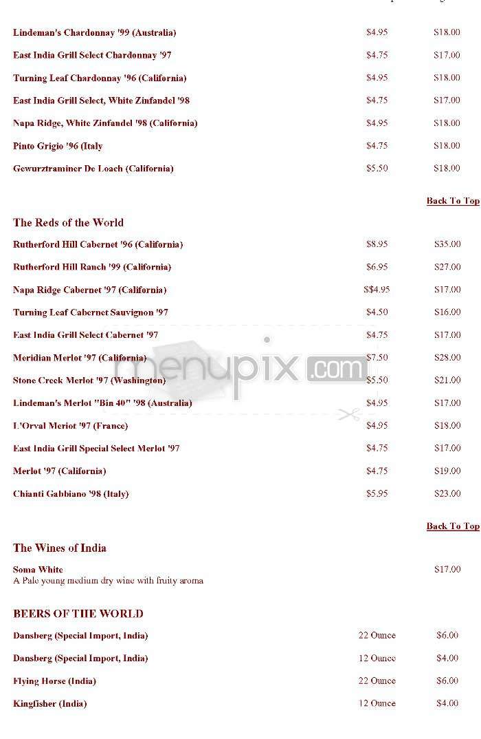 East India Grill - Los Angeles, CA menu_pic