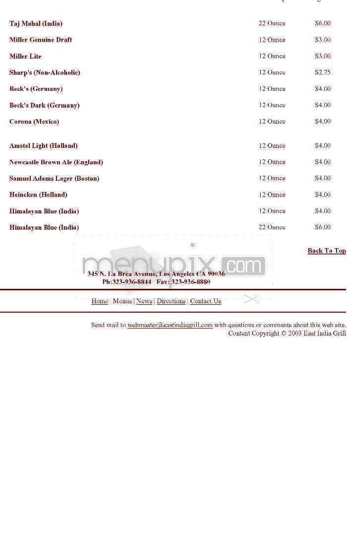 East India Grill - Los Angeles, CA menu_pic