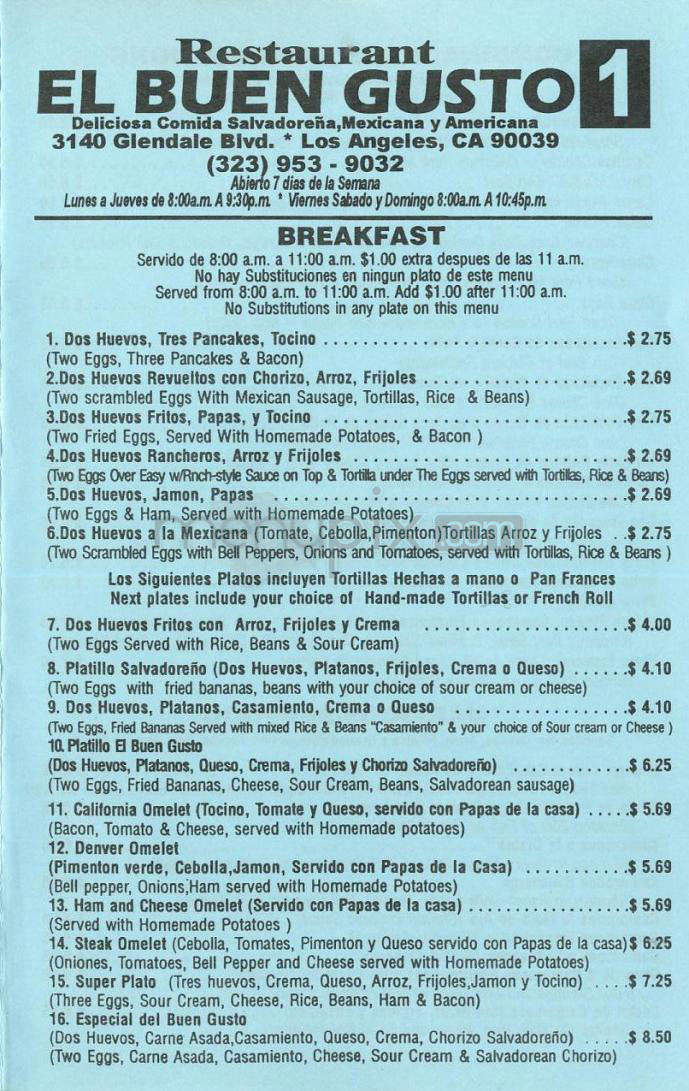 El Buen Gusto - Los Angeles, CA menu_pic