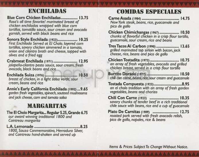El Cholo Cafe - Pasadena, CA menu_pic