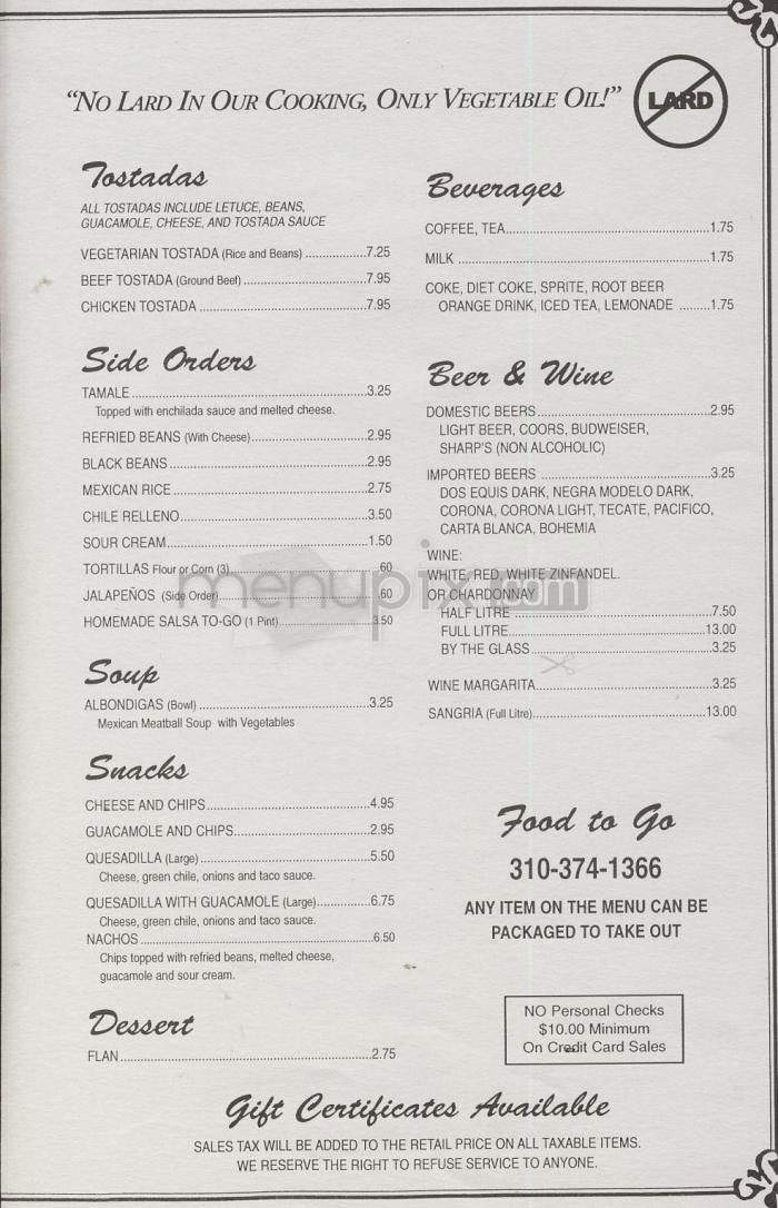 El Sombrero - Manhattan Beach, CA menu_pic