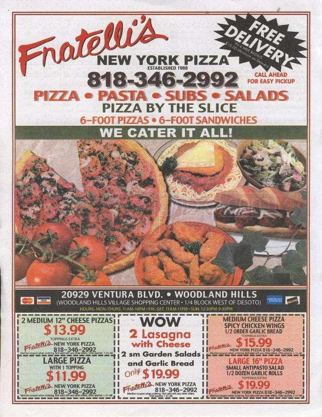 Fratelli's New York Pizza - Woodland Hills, CA menu_pic
