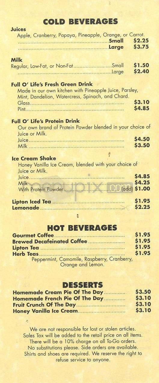 Full O'Life Restaurant - Burbank, CA menu_pic