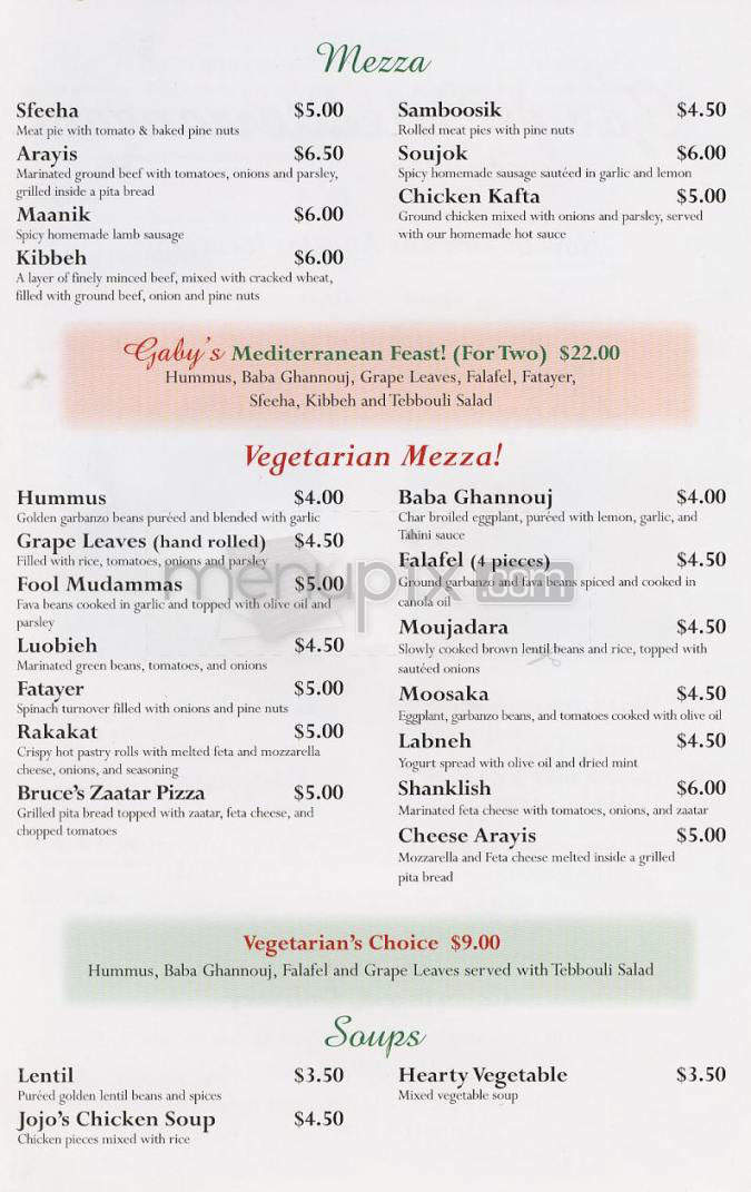 Gaby's Mediterranean - Los Angeles, CA menu_pic