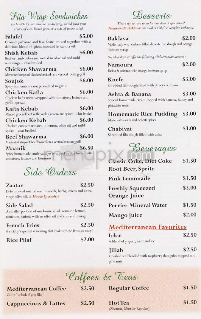 Gaby's Mediterranean - Los Angeles, CA menu_pic